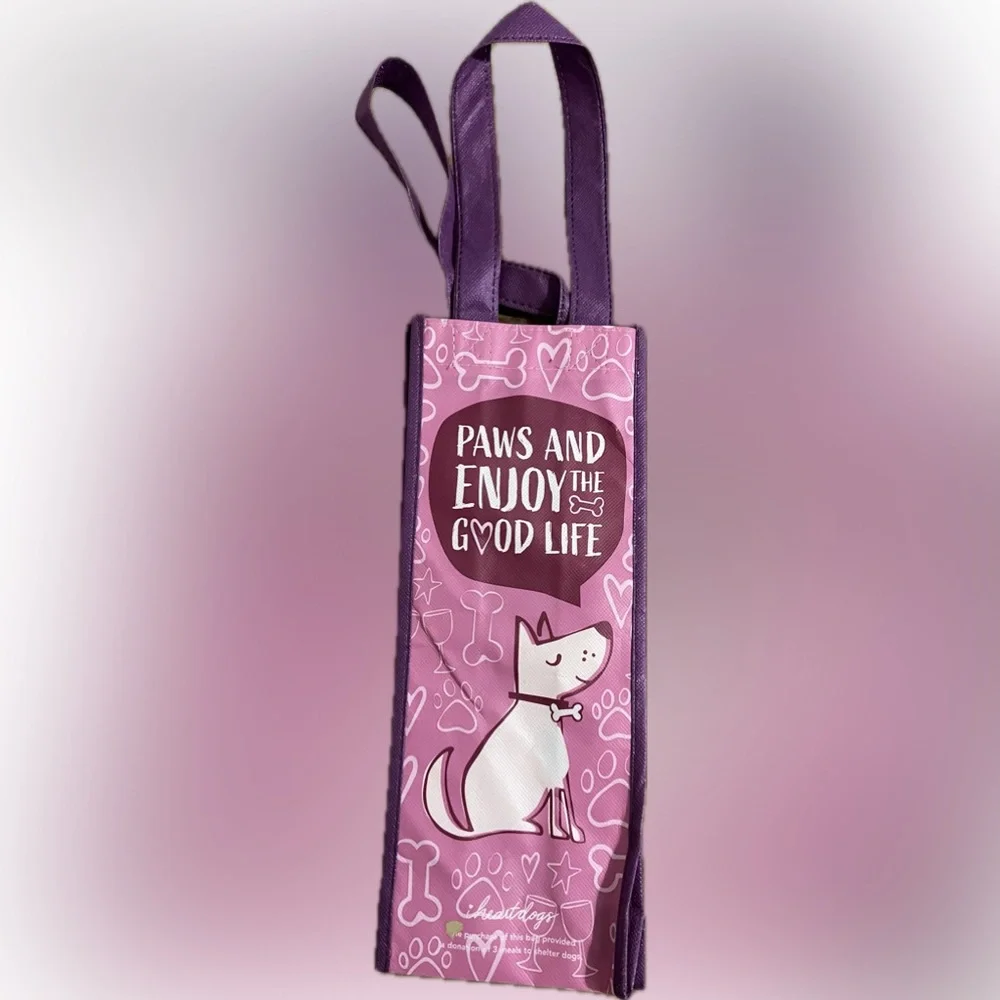 🍄New Wine Bottle Reusable Tote Gift Bag “Paws And Enjoy The Good Life” Pet Dog